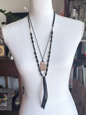 NWT Free People Black Beaded Layered Necklace with Tassel